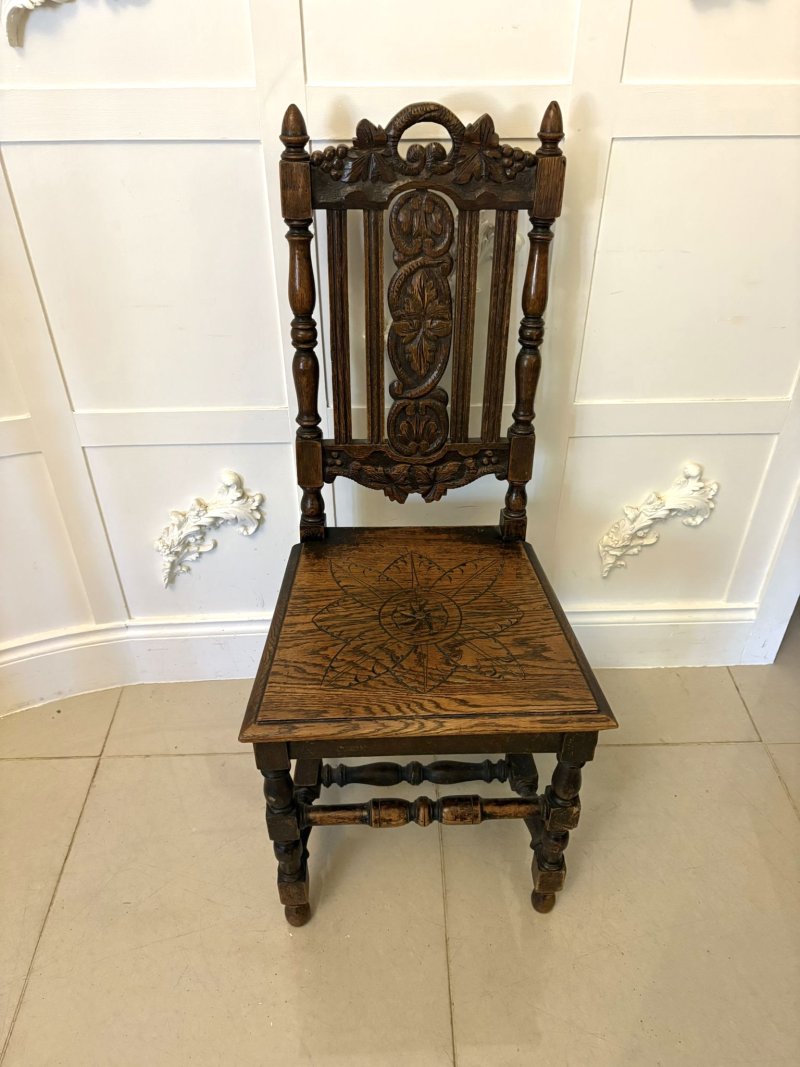 Antique Pair of Quality Carved Oak Side/Hall Chairs